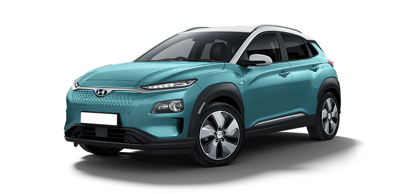 A teal Hyundai Kona Electric car